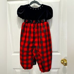 Toddler Christmas one piece plaid and velvet outfit